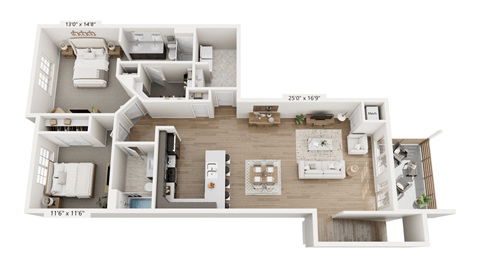 Floor plan for 2 beds, 2 baths, 1306 sqft